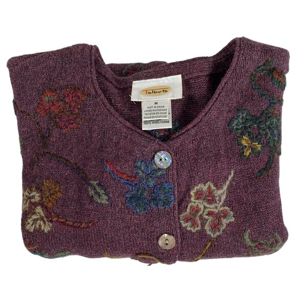 TALBOTS Pure Wool Burgundy Floral Fall Leaves Embroidered Cardigan Sweater SZ M - Picture 6 of 8